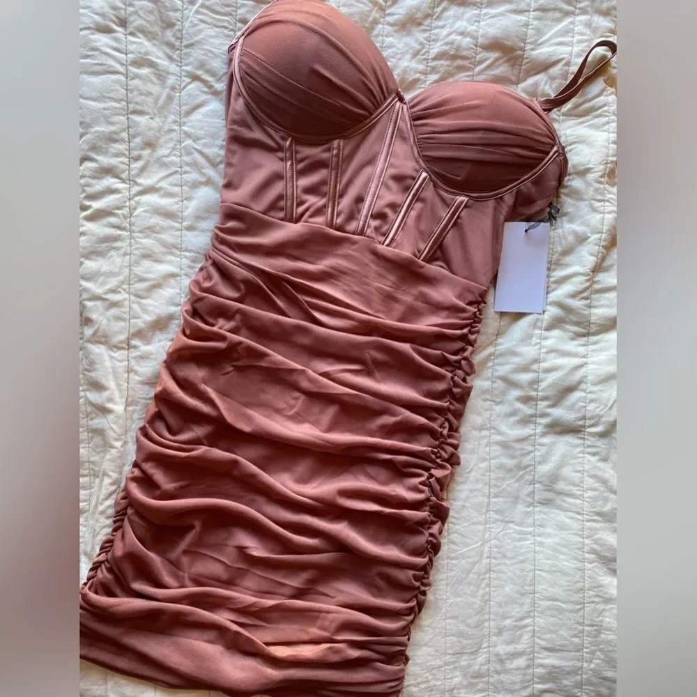 IRIS mini dress light brown  with spaghetti straps top corset type ruched New - Picture 6 of 10